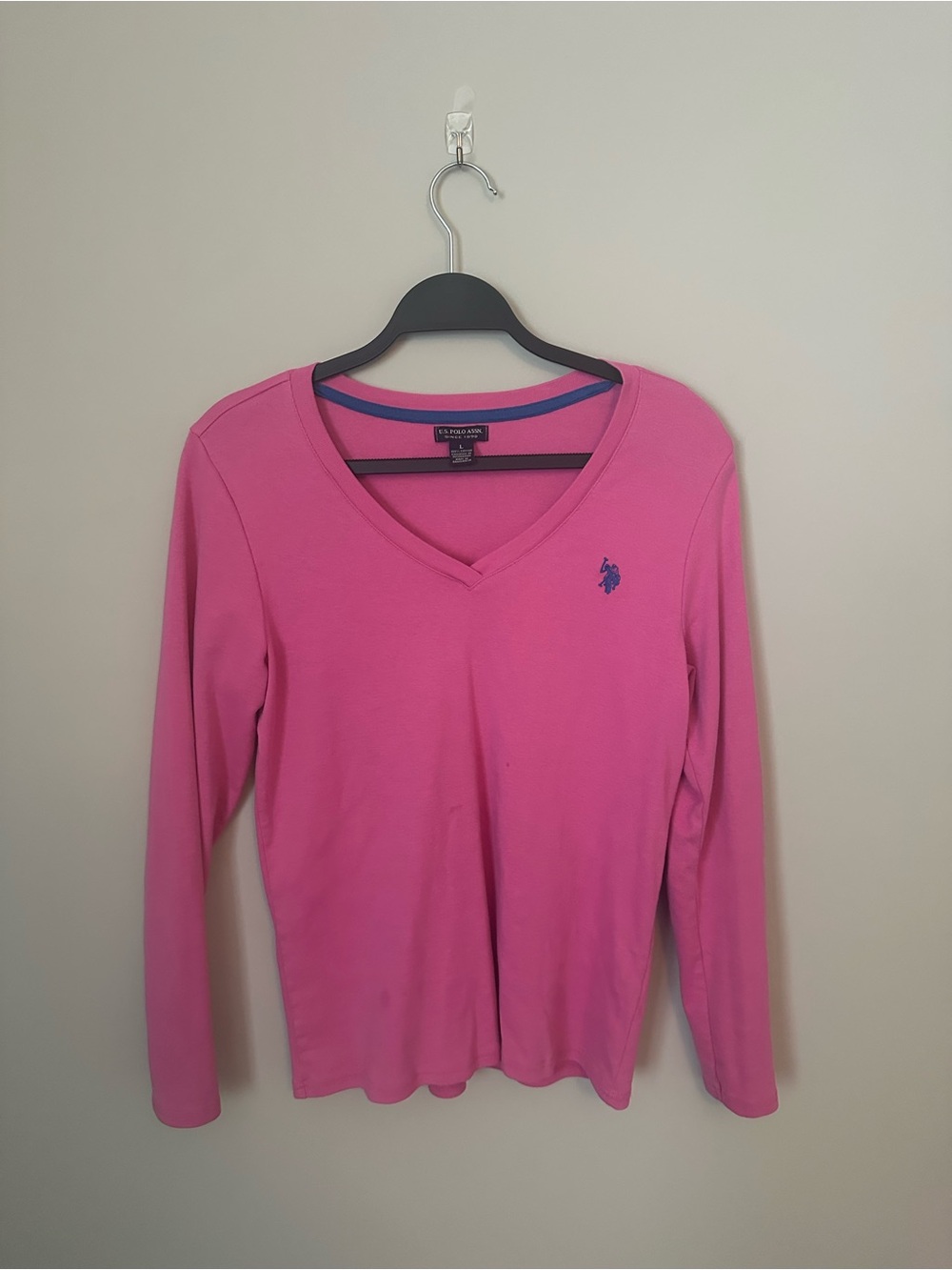 U.S. Polo Assn. Women's Hot Pink V-Neck Long Sleeve Top with Blue Logo